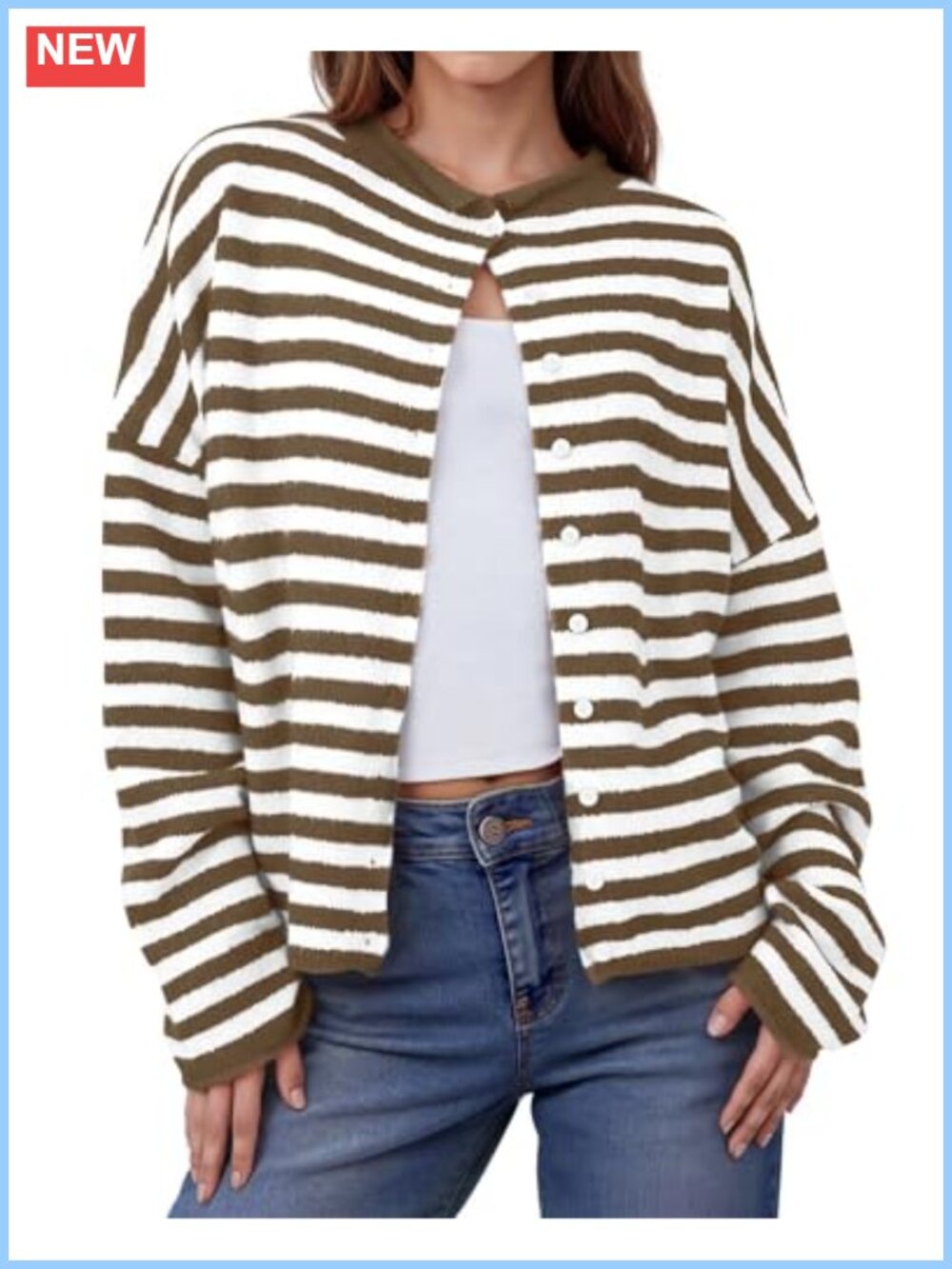 Womens Striped Lightweight Button Up Long Sleeve Knit Cardigan Sweater